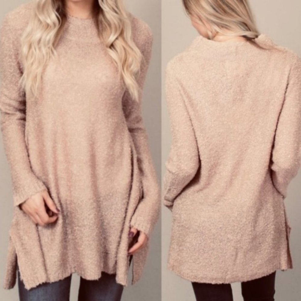 Umgee Chunky Knit Tunic Sweater Tan Beige Size Large High Neck Cozy Soft Long L